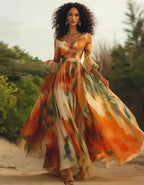 Radiant Orange Chiffon Gown with Painterly Print and Flared Sleeves