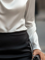 Elegant White Satin Blouse with Draped Neckline