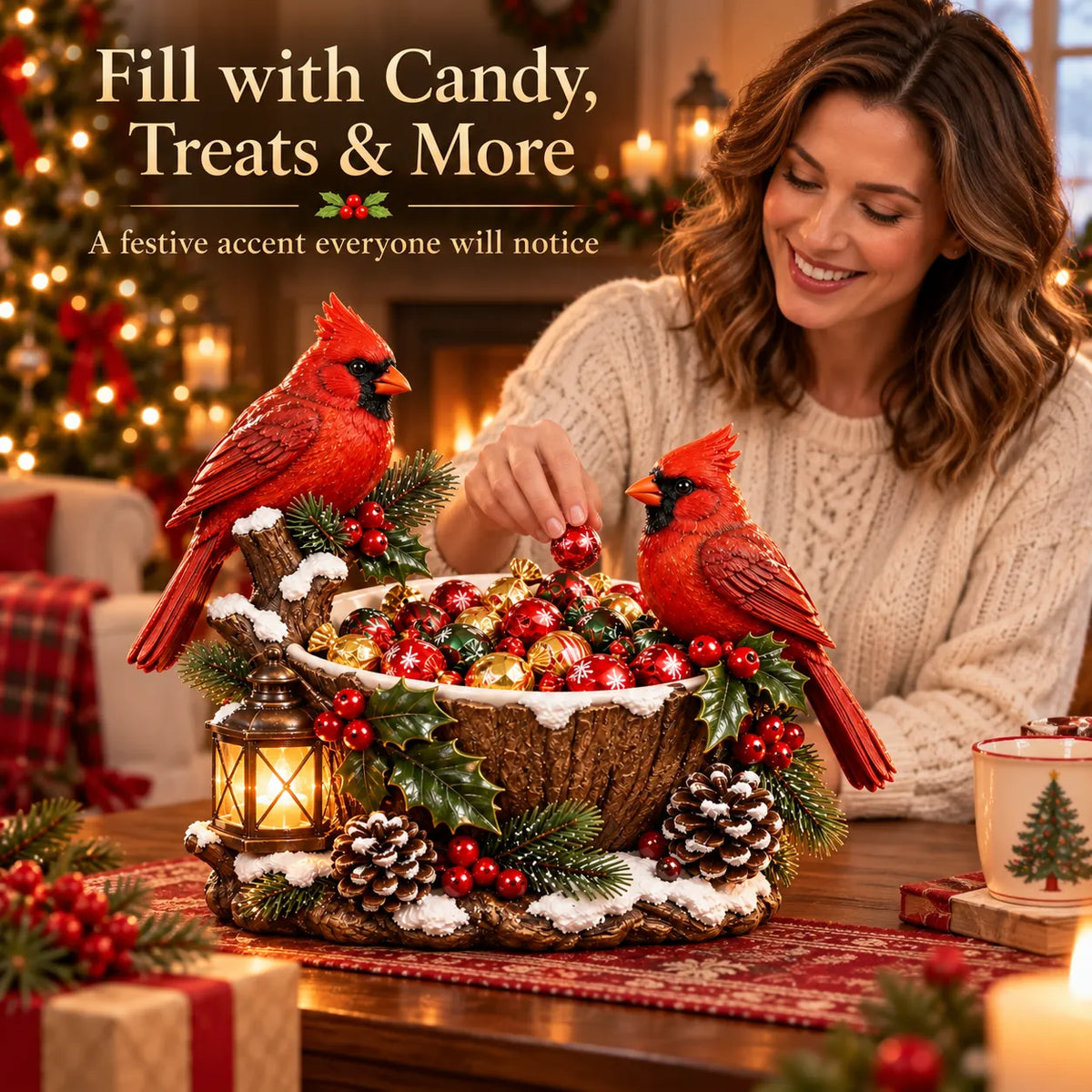 Cardinal Christmas Treat Bowl – Lighted Holiday Candy Bowl & Tabletop Decor