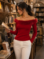 Off-the-Shoulder Faux Fur Collar Ribbed Knit Sweater