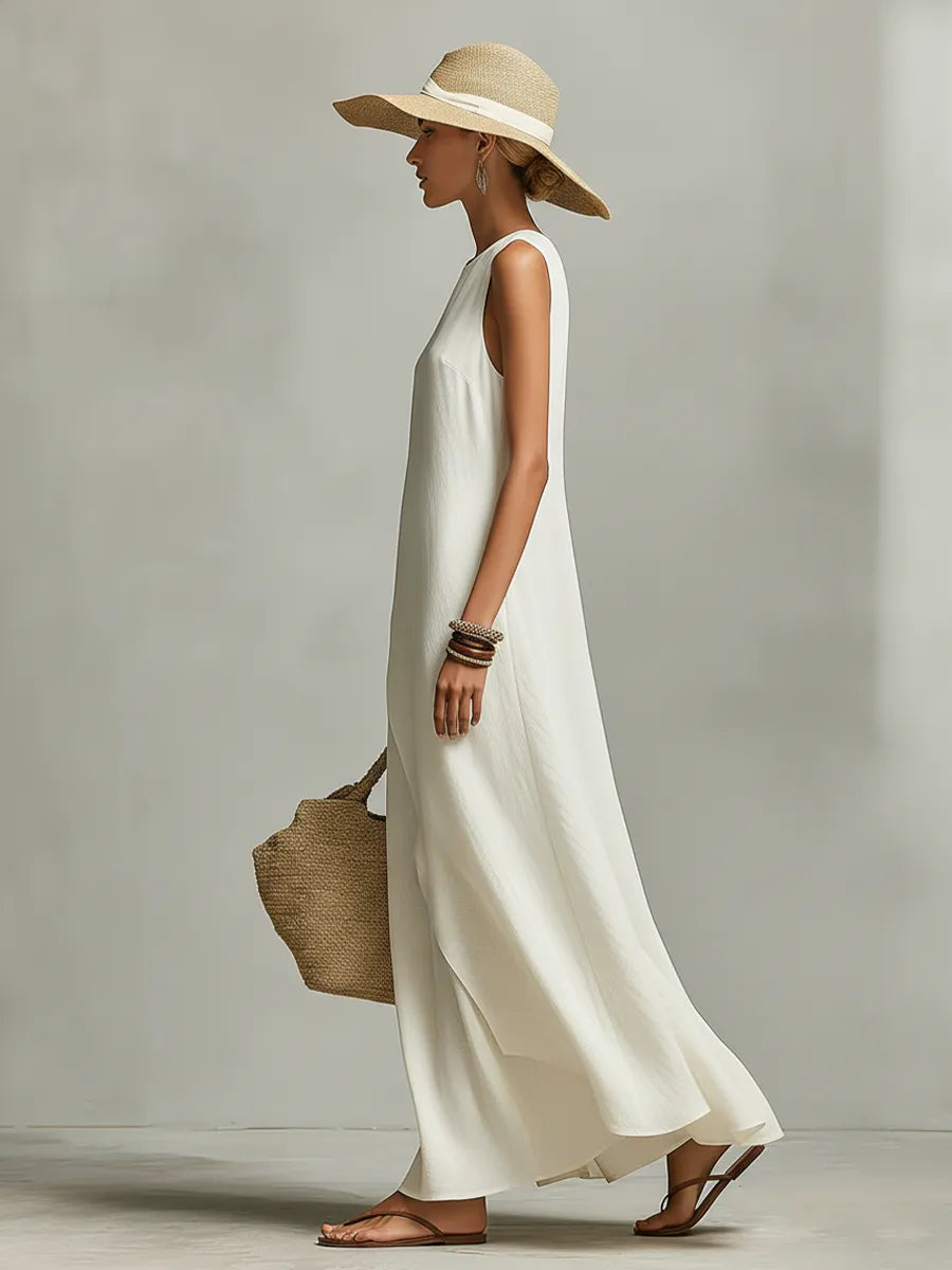 Women's Ivory Breathable Linen Dress With Sleeveless Detail & Asymmetric Hem, Contemporary Casual-Feminine Style Dress MDZ0408C2I