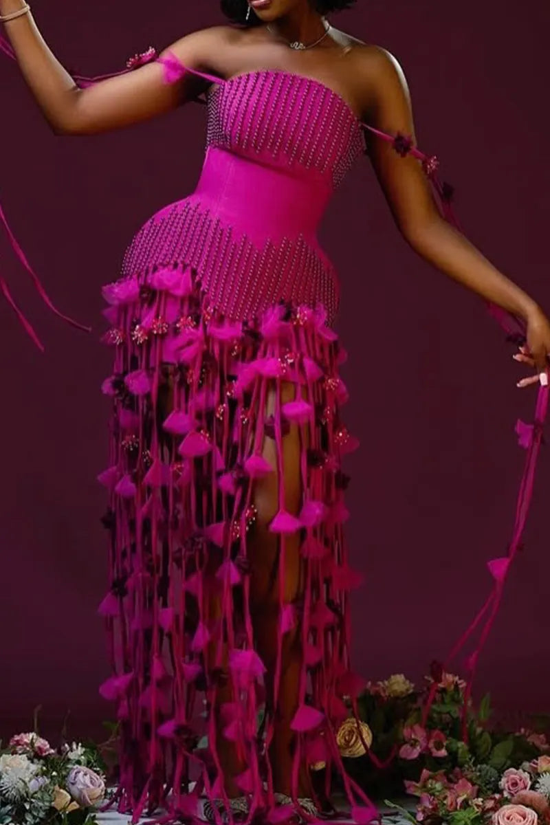 Women's Magenta Rhinestone Beaded Corset Fringe Tassel Layered Floral Club Formal Mini Dress
