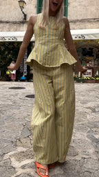 Stripe Peplum Top & Wide Leg Pants Co‐Ord