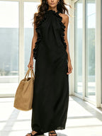 Cotton Casual Plain Peplum Halter Neck Maxi Dress