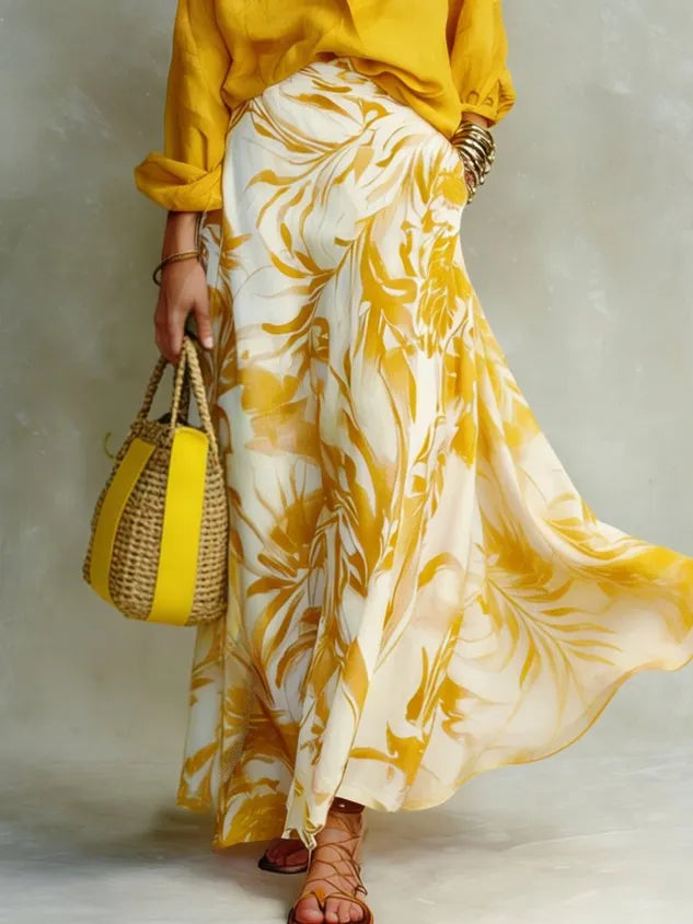 Elegant Printing Botanical Pattern Maxi Skirt