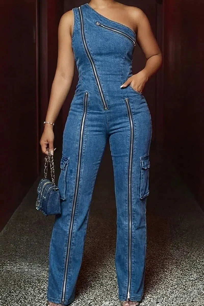 Hot Selling Women's Casual Denim Single Shoulder Sleeveless Zipper Tight Jumpsuit