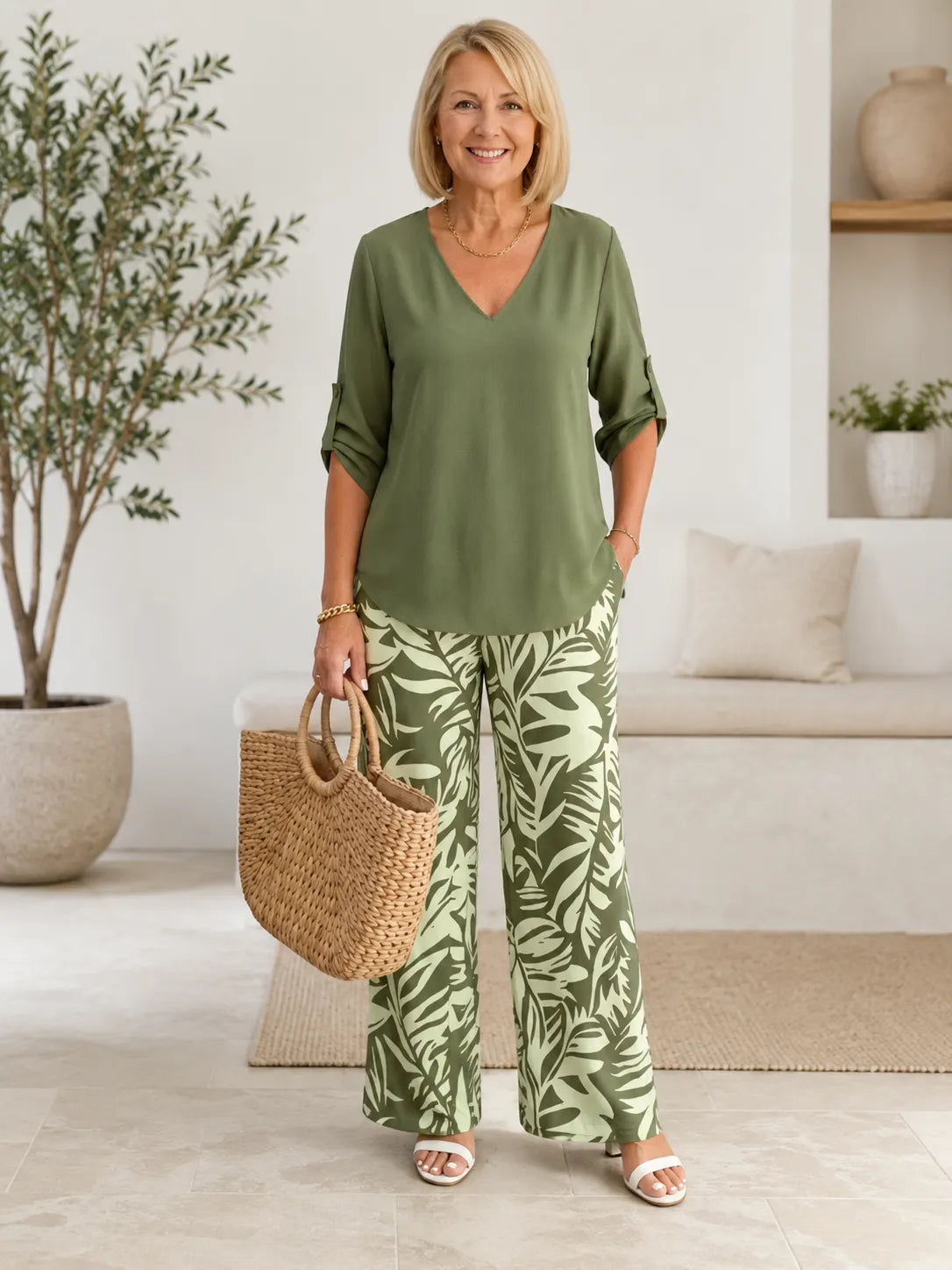 V Neck Top & Tropical Leaf Print Wide Leg Pant Two Piece