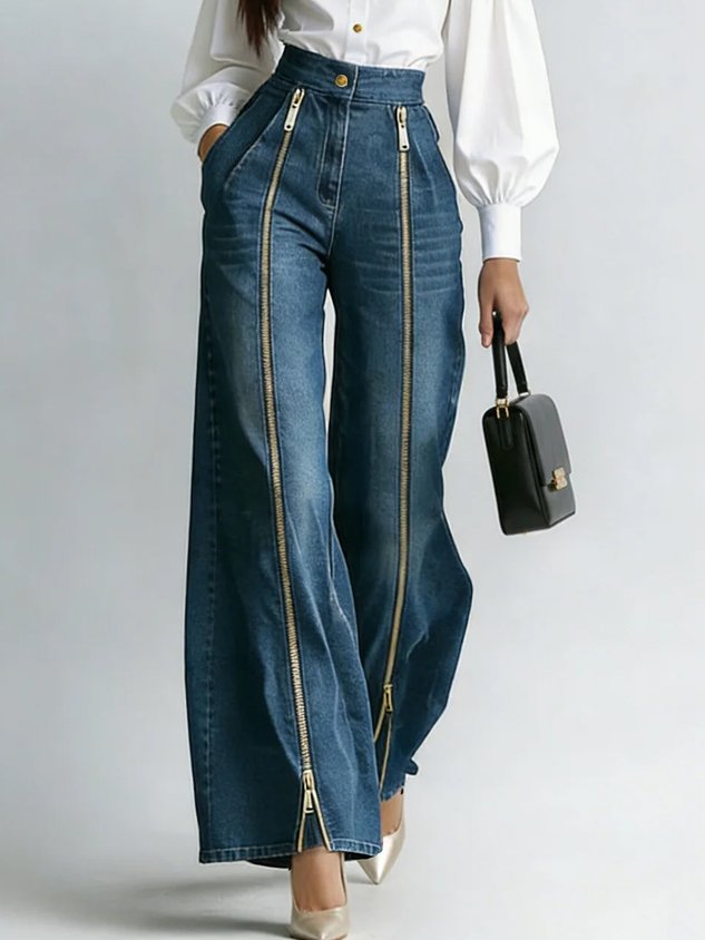 Casual Long Straight Pants H-Line Zipper Regular Fit Daily