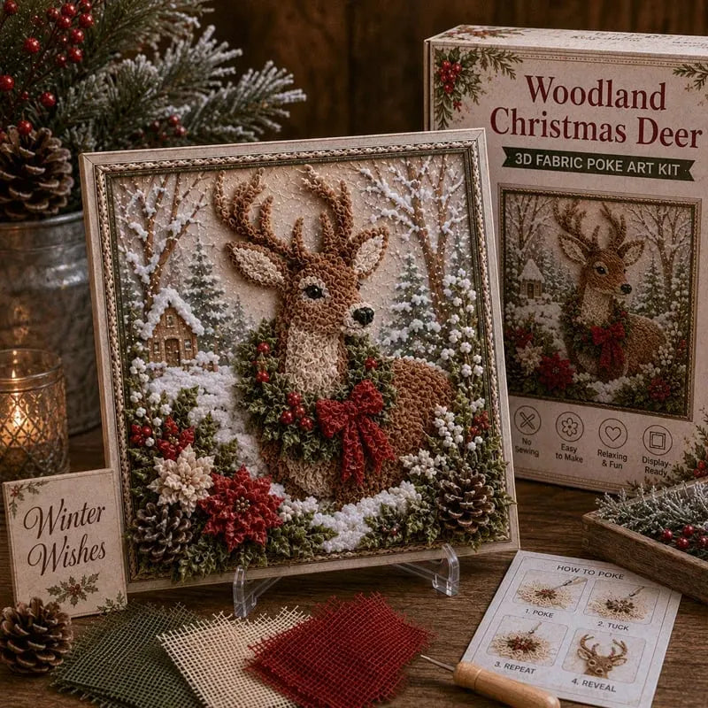 Premium 3D Christmas Fabric Poke Art Kit | No-Sew Holiday Craft with Pre-Punched Board, Fabric Squares & Display Stand