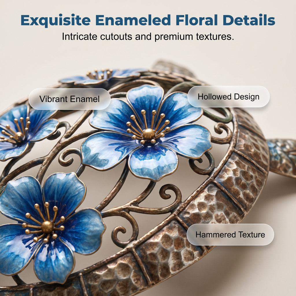 🐢 Sea Turtle Wall Sculpture — Enameled Floral Coastal Art with Textured Metal Scales