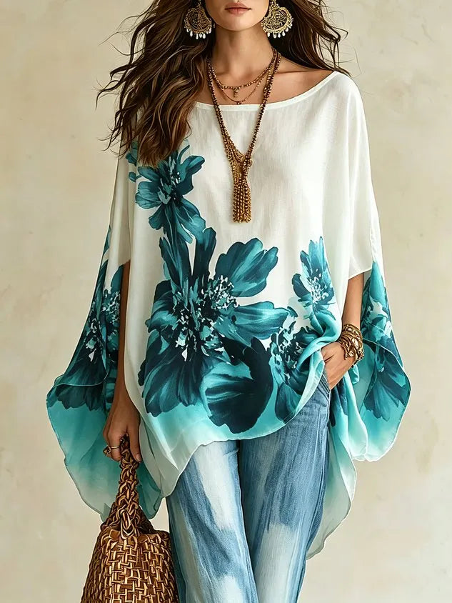 Casual Floral Printing Boat Neck Blouse