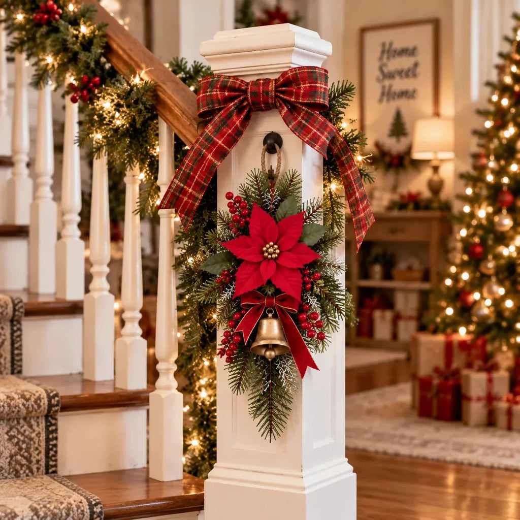 🎄 Classic Red Poinsettia Christmas Door Swag ❤️ – Festive Holiday Floral Wreath Decor for Front Door & Home