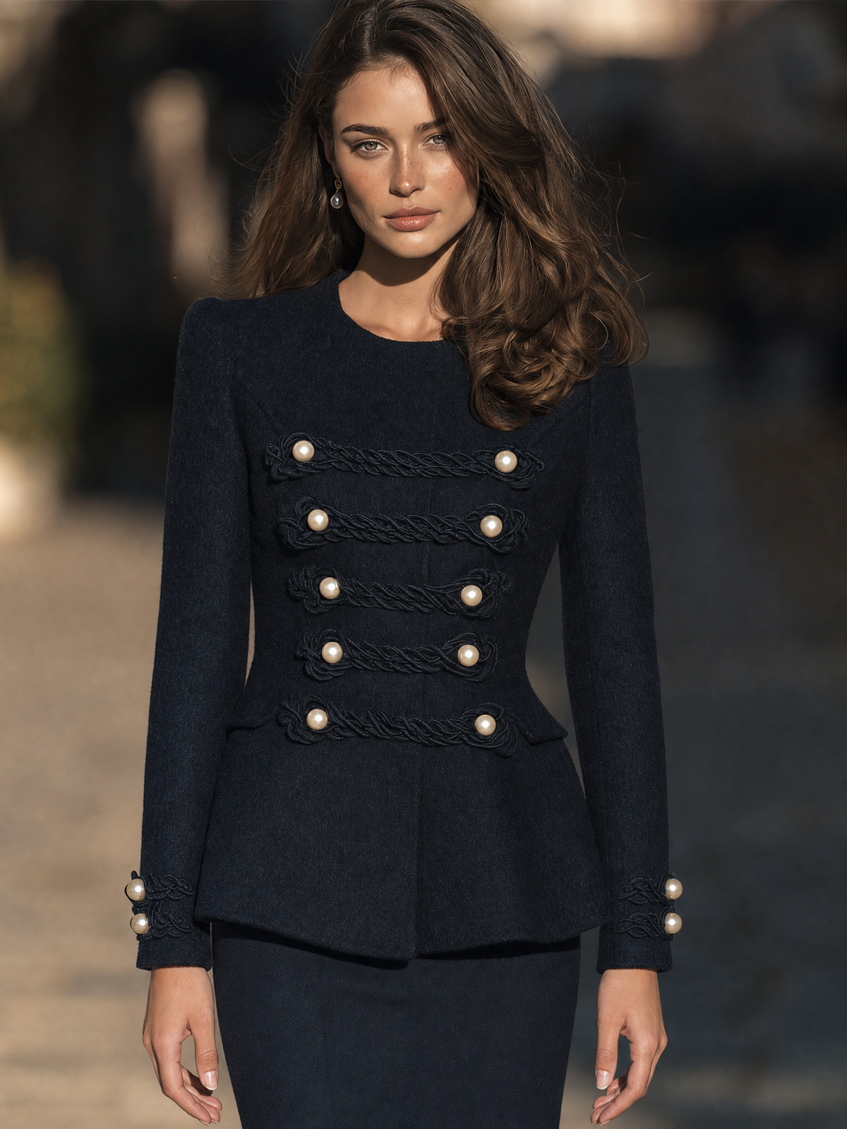 Pearl-Button Corded Military Peplum Jacket With Sculpted Waist