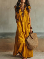 Cotton And Linen Casual Plain Split Joint Buttoned Pockets Maxi Dress
