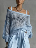 Casual Plain Hollow Out Cold Shoulder Knit Top
