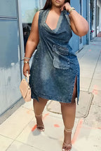 Women Tie Halter Cowl Neck Big Pocket Side Slit Washed Denim Mini Dress