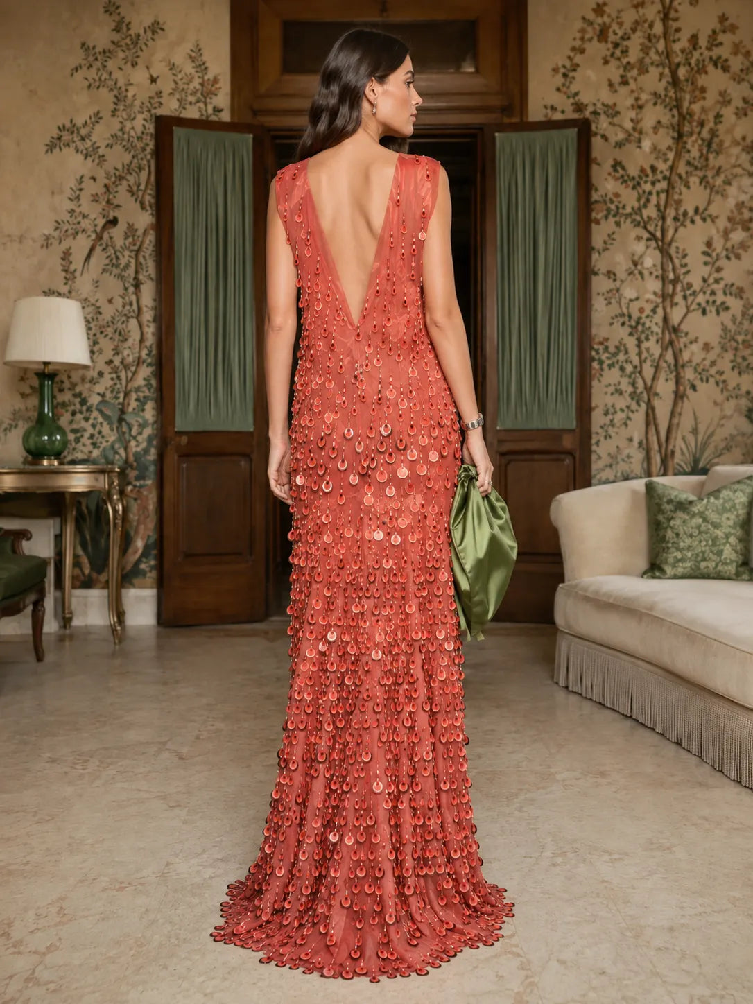 Sequin Fringe Sleeveless Maxi Evening Gown