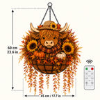 🐮🎃 Highland Cow Fall Hanging Basket with Warm LED Lights – Rustic Autumn Porch Decor & Farmhouse Welcome Accent