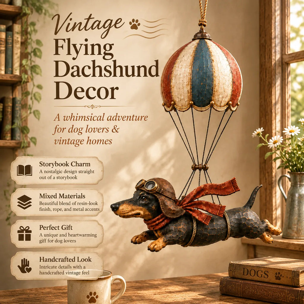 Vintage Flying Dachshund Hot Air Balloon Decor 🐶 – Handmade Retro Dog Ornament