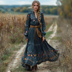 Vintage V-neck Linen Women's Long-sleeved Long Dress Pastoral Style Linen Dress