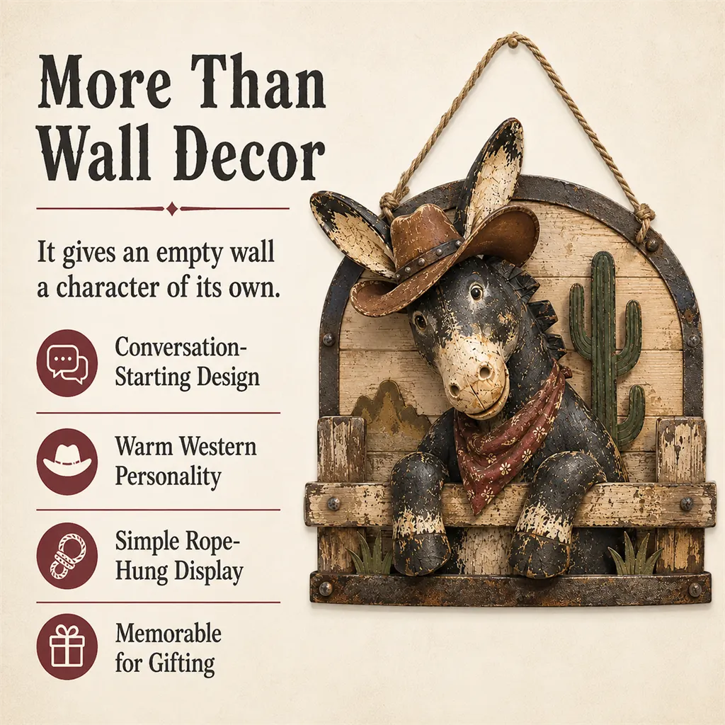 🌵 Rustic Cowboy Donkey Wall Hanging – Western Farmhouse Décor & Country Keepsake