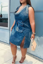 Women Tie Halter Cowl Neck Big Pocket Side Slit Washed Denim Mini Dress