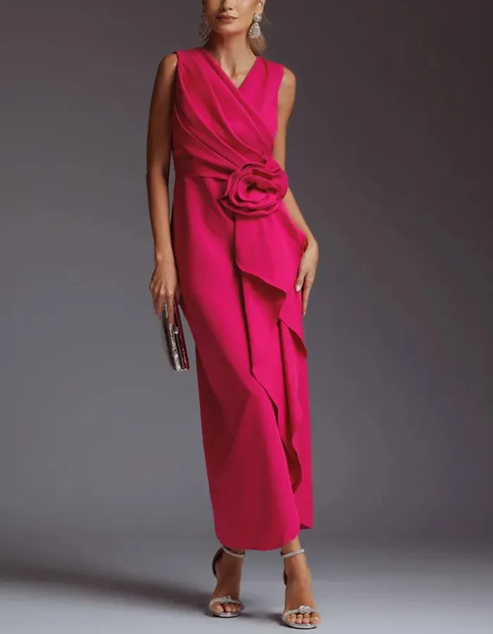 Solid Color Irregular 3D Flower Midi Dress