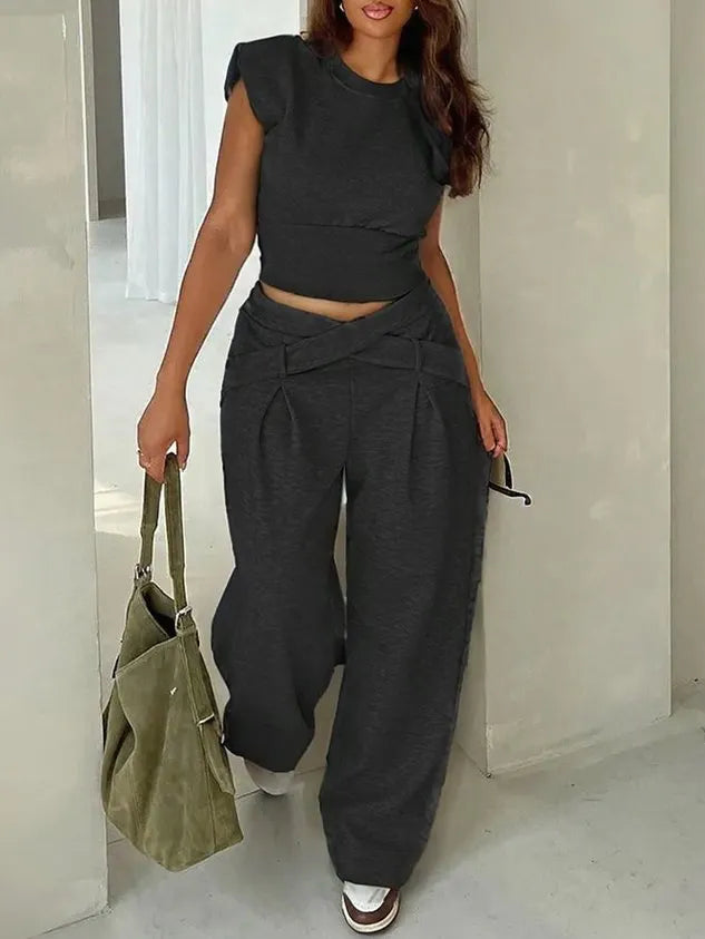 Casual Plain Pockets Cross Fashion Pants