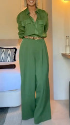 Green Linen Blend Button-Down Shirt & Wide Leg Pants Two-Piece Set