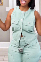 Women's Casual Stripe Button Front Vest or Patch Pants