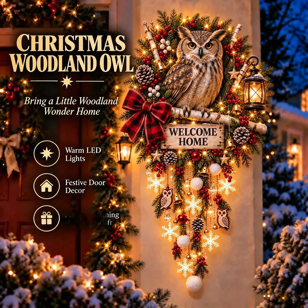 🦉 Woodland Owl Welcome Wall Light – Festive Christmas Door Decor 🦉