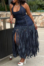 Women's Casual Denim Fringe Hem Halter Dress