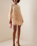 Feathered-Trimmed Embroidered-Silk Mini Dress