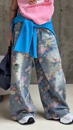 Floral Print Distressed Wide Leg Jeans