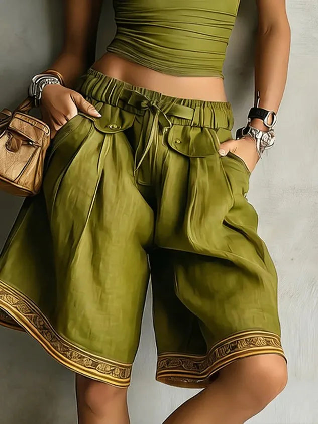 High-Waist Ethnic Print Cotton-Linen Casual Shorts