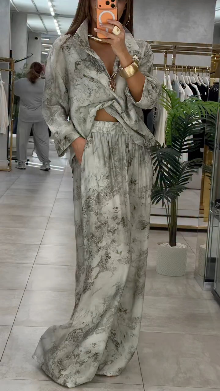 Print Oversized Shirt & Wide Leg Pants Co-Ord Set