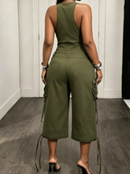 Casual Solid Tailored Sleeveless Cargo Jumpsuit