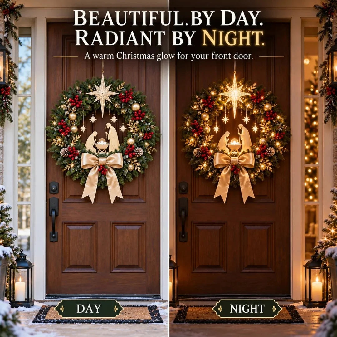 🕊️ Lighted Nativity Christmas Wreath – Star of Bethlehem Front Door Decor ✨