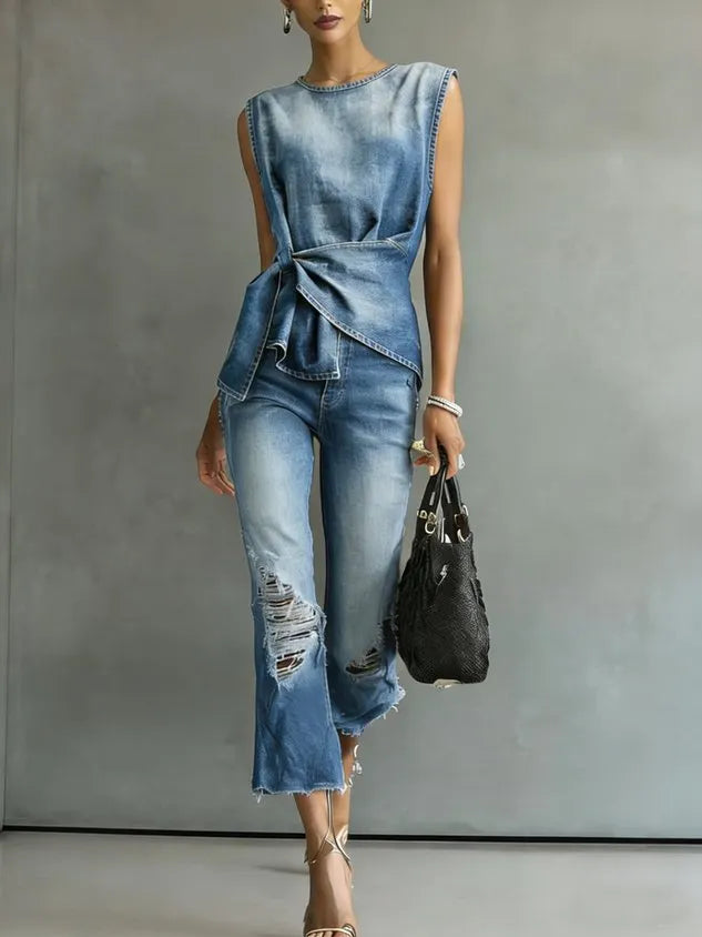 Denim Casual Plain Knot Front Crew Neck  Top