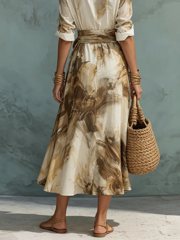 Casual Random Print Midi Skirt With Belt