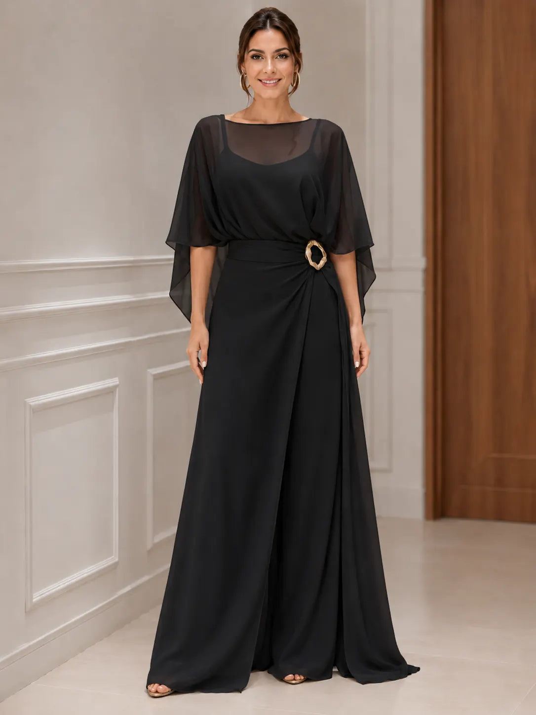 Women's Two-Piece Chiffon Casual Set (Faux Two-Piece Top + Faux Two-Piece Pants)