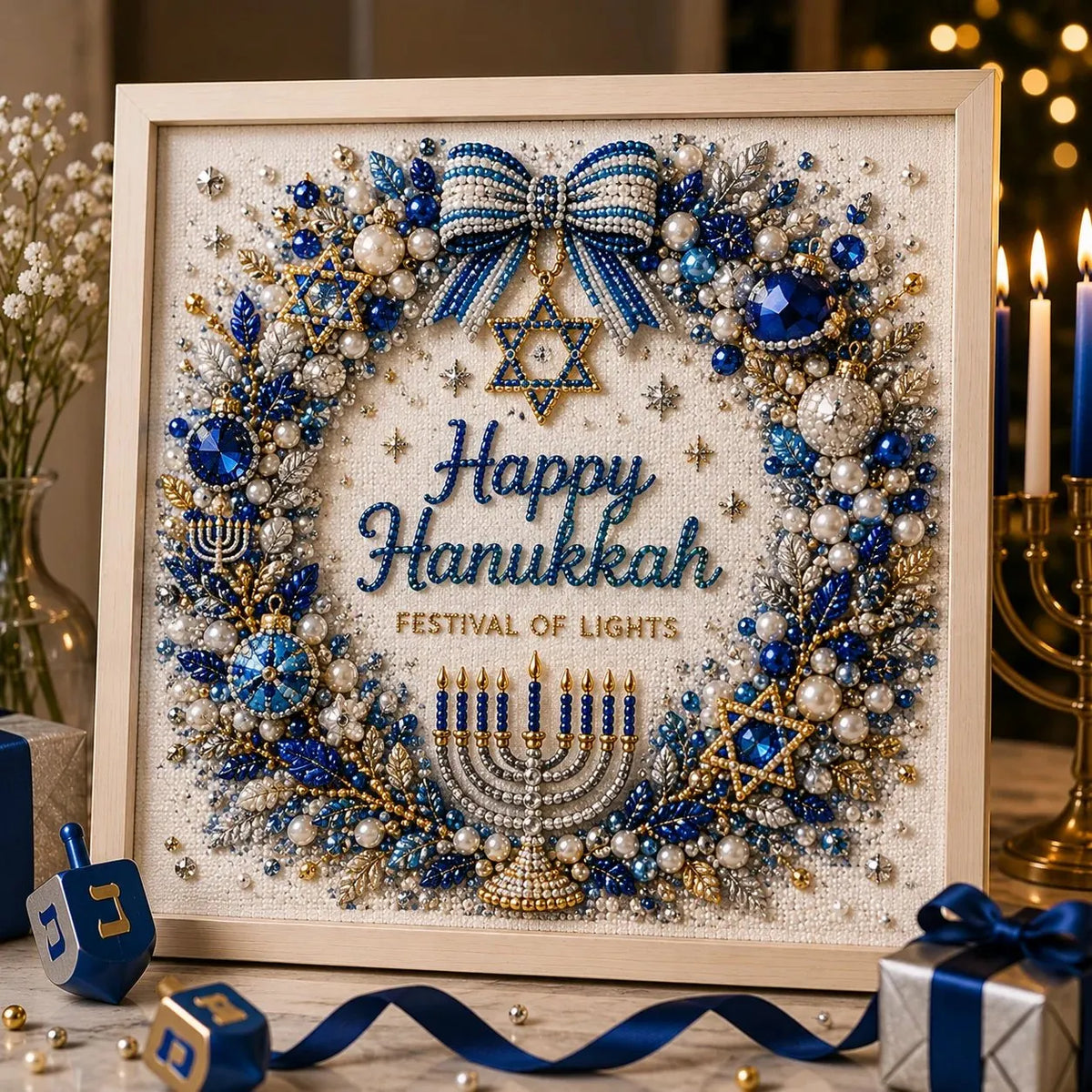 🕎 Premium 3D Pearl Hanukkah Art Kit | Luxury Flocked Canvas with Scratch-Resistant Non-Fading Acrylic Resin Pearls & Faceted Drills DIY Festival of Lights Decor 💙✨
