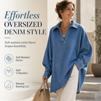 ⏳LAST DAY SALE ONLY ￡19.99!!💙 Women's Casual Loose Denim V-Neck Pullover Shirt with Batwing Sleeves and Asymmetrical Hem