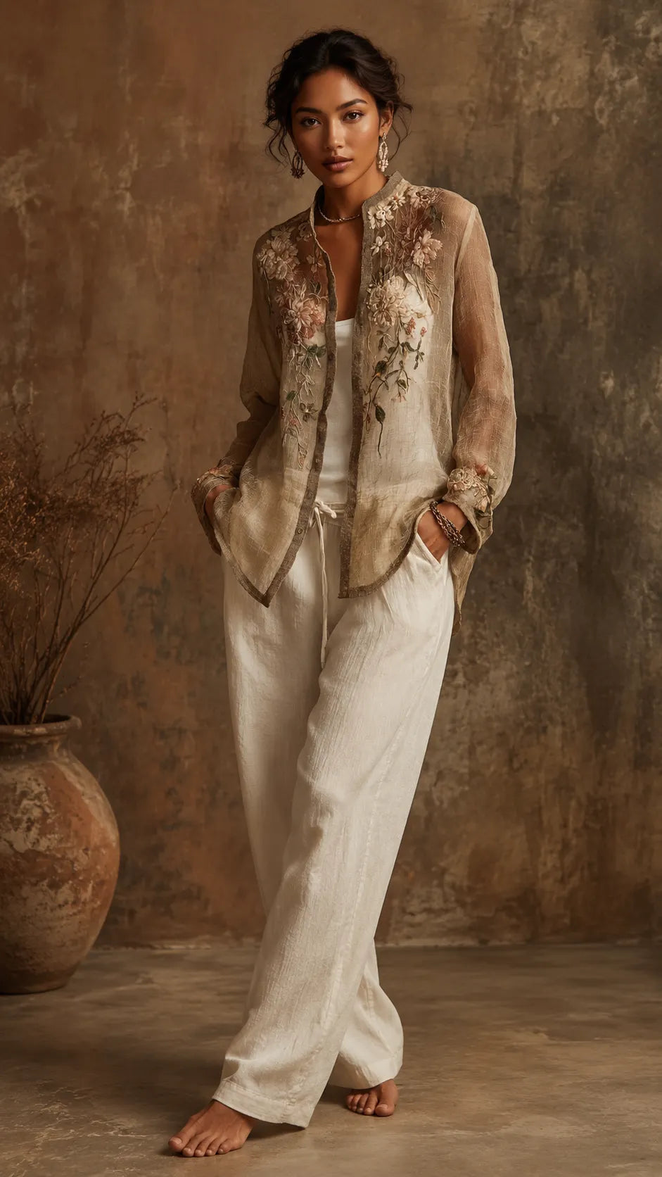 Women's Bohemian Floral  Linen Shirt