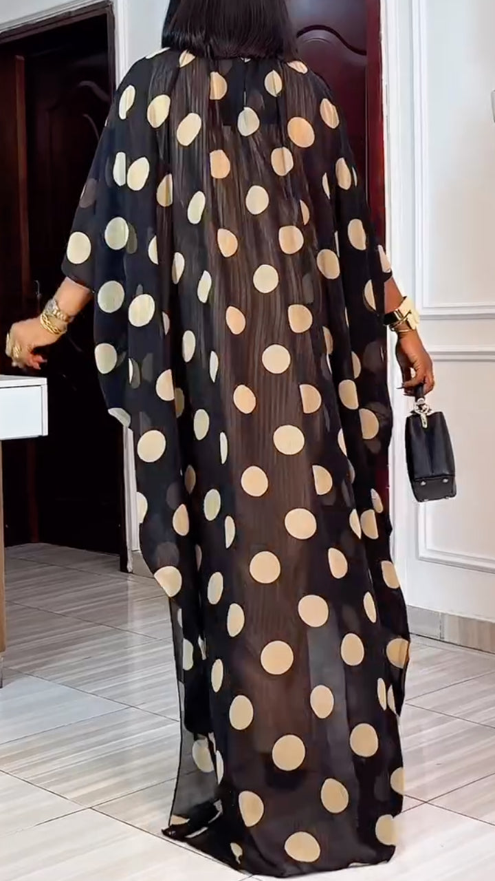 Black & Beige Polka Dot Chiffon Kaftan Open Cardigan