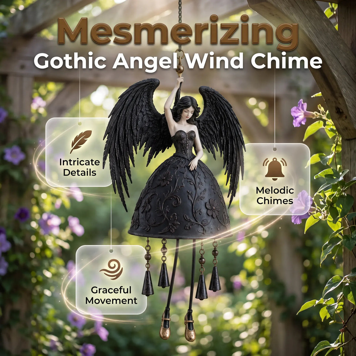 🖤 Dark Angel Gothic Wind Chime – Enchanting Outdoor Garden Hanging Decor