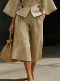 Cotton And Linen Casual Plain Distressing Wide Leg Pants