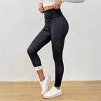 Women's Denim Fleece-lined Thermal Leggings, High-waisted, Pleated Waistband, Slim Fit, Suitable For Wearing As Outerwea