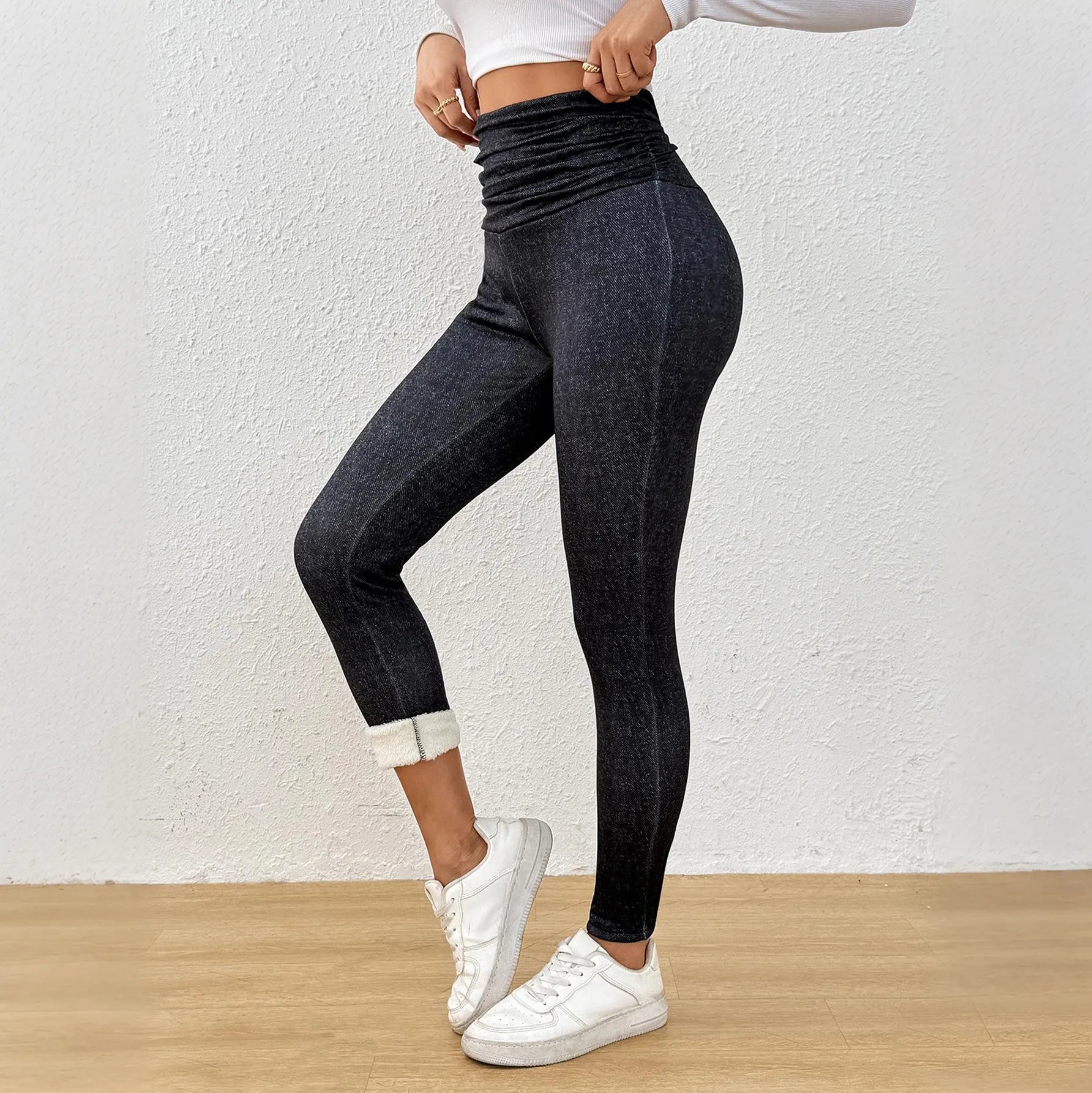 Women's Denim Fleece-lined Thermal Leggings, High-waisted, Pleated Waistband, Slim Fit, Suitable For Wearing As Outerwea