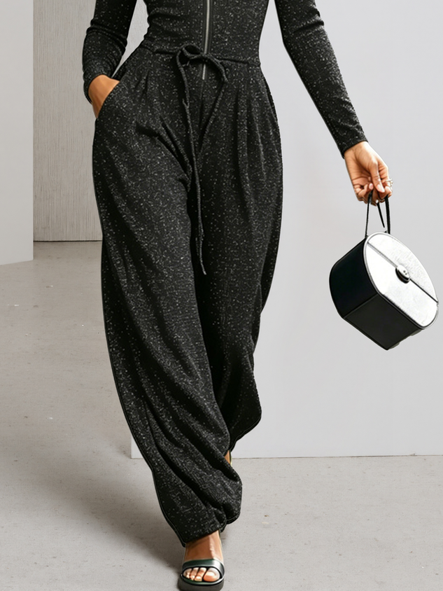 Casual Zipper Plain Mock Neck Pockets Jumpsuit